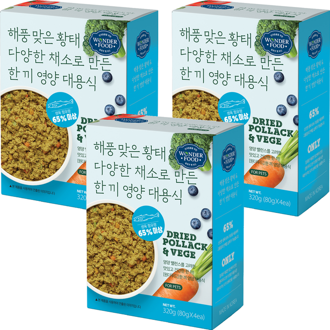 원더푸드 전연령용 강아지 한 끼 영양 대용식 사료 4p, 황태, 320g, 3개
