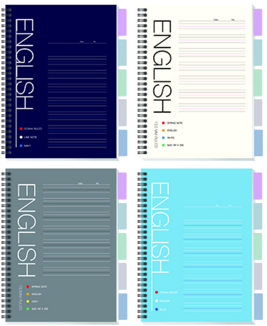 영아트 영어 스프링 노트 60매 4권 인덱스 12매 랜덤발송, 그레이,+블루,+네이비+ 화이트, 1세트
