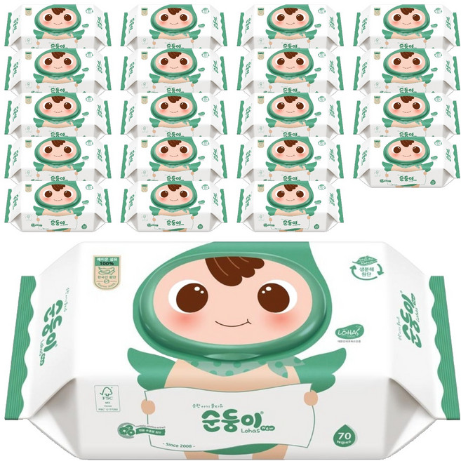 순둥이 로하스 물티슈 캡형 75평량, 75g, 70개입, 20세트
