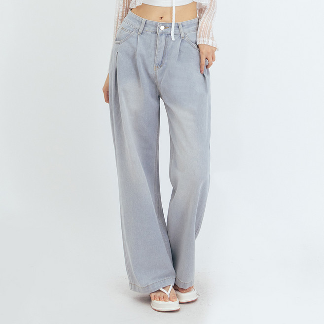 엘쏘 여성용 투핀턱 와이드 롱 데님 팬츠