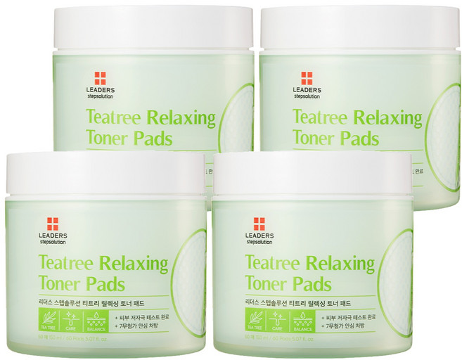 LEADERS 麗得姿 Step Solution系列 茶樹舒緩爽膚棉片 雙面雙效 可乾淨去除肌膚角質和老廢物質 輕柔擦拭調理肌膚紋理, 60片, 4罐