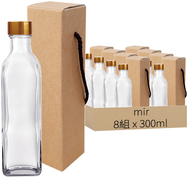 mir 透明方形玻璃瓶 螺旋蓋+ 禮物盒 FN300S, 300ml, 8組