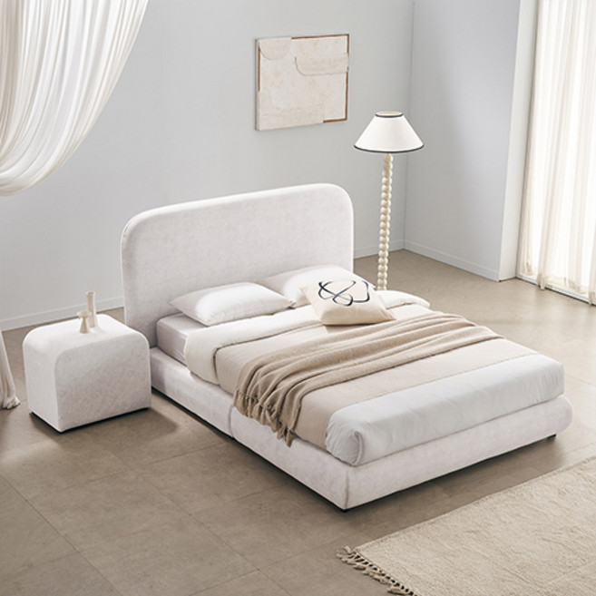 SAF New 머쉬룸 조야원단 패브릭 높은헤드 침대 프레임 + 협탁 + 9존 독립스프링 매트리스 세트 방문설치, 미색(프레임, 협탁), 화이트(매트리스)