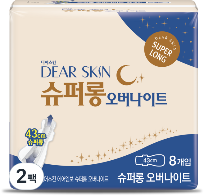 디어스킨 에어엠보 오버나이트 뉴 생리대 날개형, 슈퍼롱, 8개입, 2개