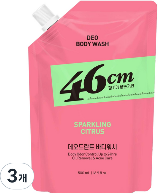 온더바디 46센티미터 체취솔루션 약산성 데오드란트 바디워시 스파클링 시트러스향 리필, 500ml, 3개