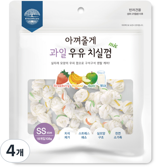 아껴줄게 강아지 과일 우유 치실 덴탈껌 SS 18p, 딸기+바나나+사과, 108g, 4개