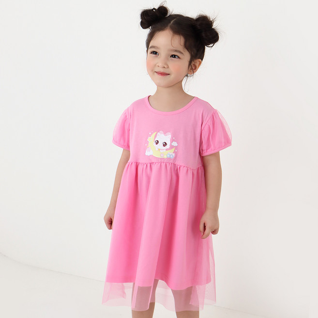 프리미에팜 여아용 위시캣 망사 샤 레이스 5부 원피스