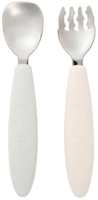 pigeon 貝親 寶寶不鏽鋼餐具組 湯匙*1+叉子*1+收納盒*1, 白色 + 米色, 1組