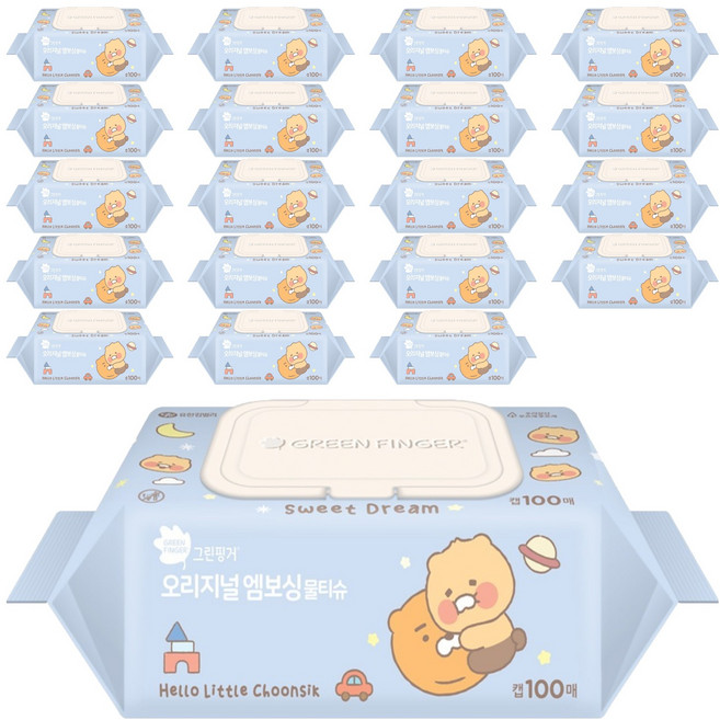 그린핑거 오리지널 엠보싱 물티슈 리틀춘식 에디션 캡형 랜덤 발송, 40g, 100개입, 20개