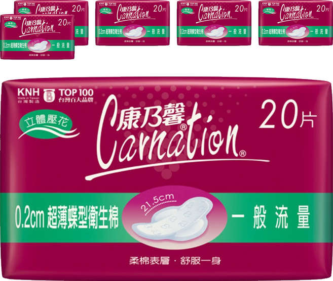 康乃馨 超薄蝶型衛生棉 護翼型, 一般流量(21.5cm), 20片, 6包