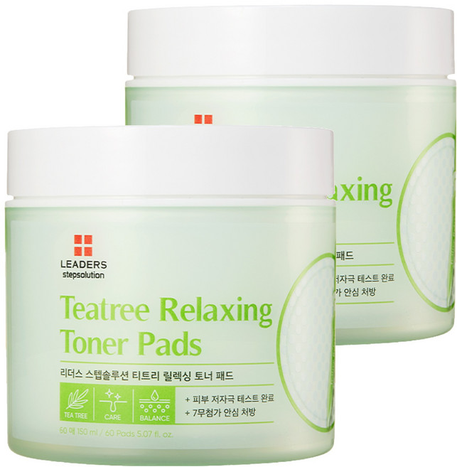 LEADERS 麗得姿 Step Solution系列 茶樹舒緩爽膚棉片 雙面雙效 可乾淨去除肌膚角質和老廢物質 輕柔擦拭調理肌膚紋理, 60片, 2罐