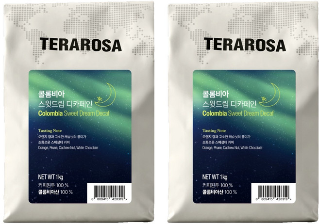 테라로사 콜롬비아 스윗드림 디카페인, 홀빈(분쇄안함), 1kg, 2개
