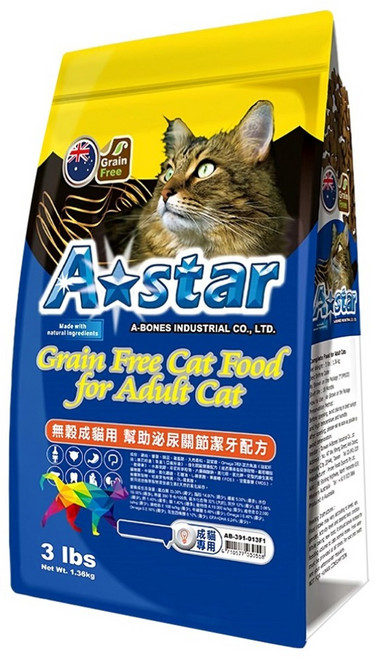 A star 無穀成貓用幫助泌尿關節潔牙配方 乾飼料, 1.36kg, 1袋, 雞肉 + 蕃藷 + 碗豆