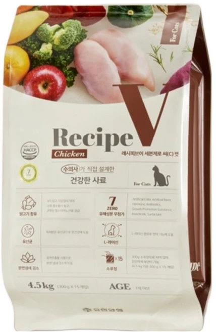 유한양행레시피브이 1세 이상 고양이 세븐제로 건식사료, 닭, 4.5kg, 1개 - 쿠팡
