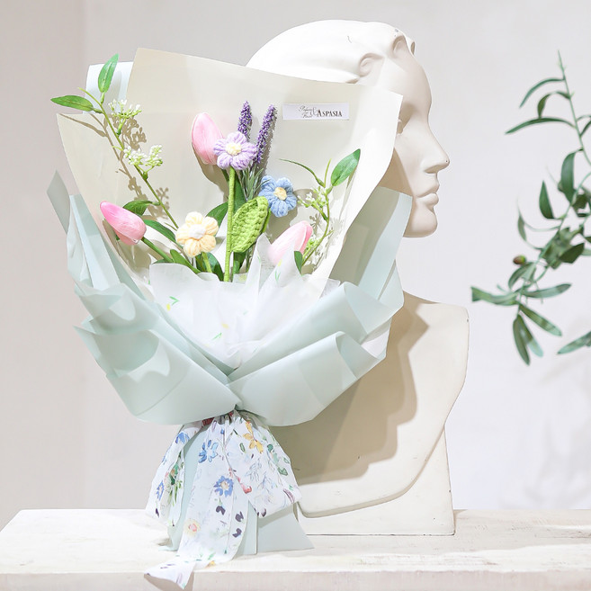 ASPASIA Alice 三朵鬱金香雛菊針織花混合花束+提袋, 粉紅色, 1個