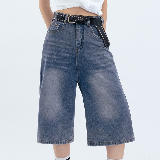 엘쏘 여성용 데일리 와이드 워싱 데님 버뮤다 청반바지