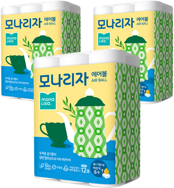 모나리자 에어볼 천연펄프 롤키친타올, 12개입, 3개