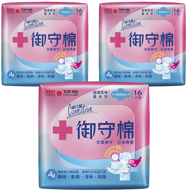 康乃馨 御守棉衛生棉 護翼型, 量多型(25.5cm), 16片, 3包