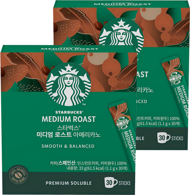 스타벅스 미디엄 로스트 아메리카노 원두커피믹스, 1.1g, 30개입, 2개