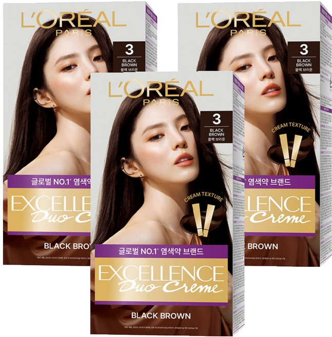 로레알파리 엑셀랑스 듀오크림 염모제, 3호 블랙 브라운, 3개