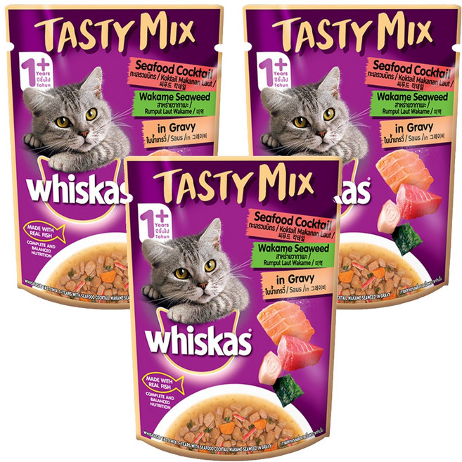 위스카스 어덜트 고양이 테이스티 믹스 습식사료, 해산물, 70g, 3개