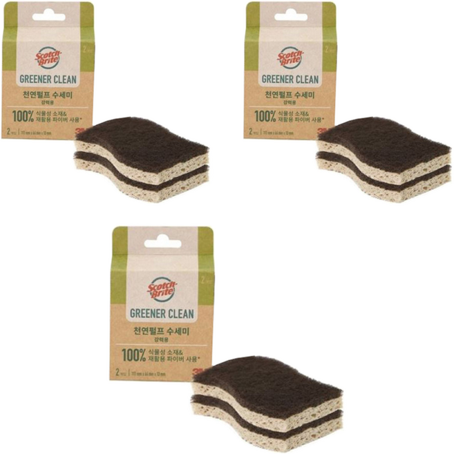 스카치브라이트 3M 그리너클린 천연펄프 수세미 강력용, 2개, 3개