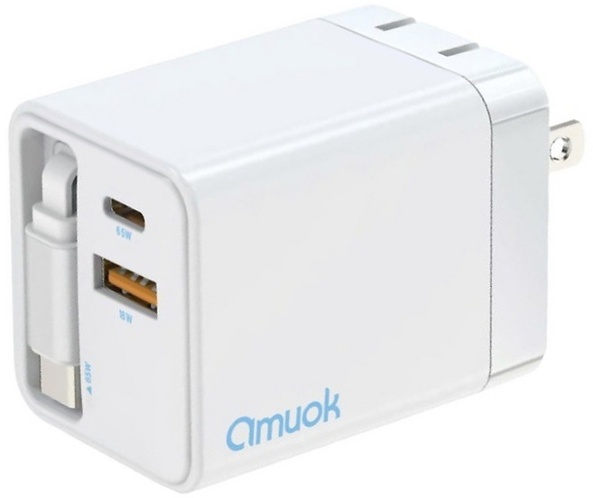 amuok 艾默克 65W伸縮線氮化鎵電源供應器, 白色, 1個
