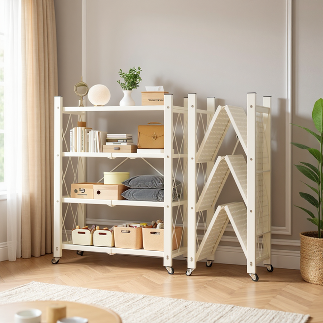 오브민 원터치 폴딩 이동식 수납 접이식 철제 선반, 화이트, 4단