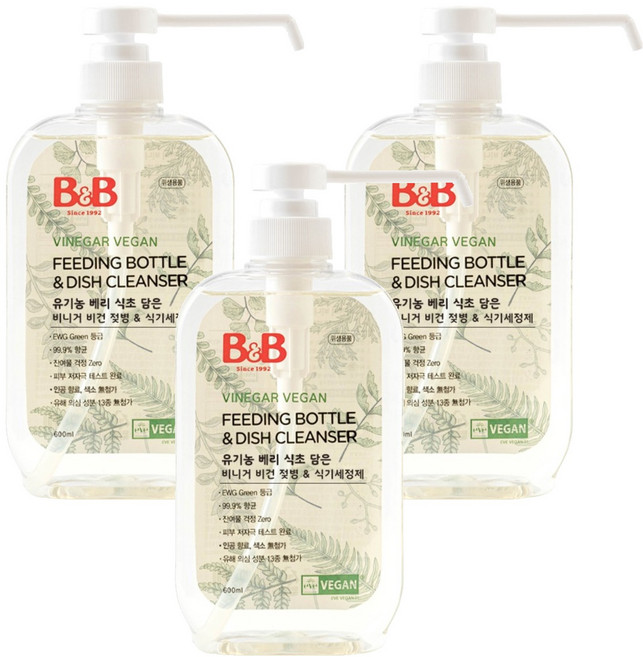 비앤비 베리 식초 담은 비건 젖병 & 식기 세정제 용기형, 600ml, 3개