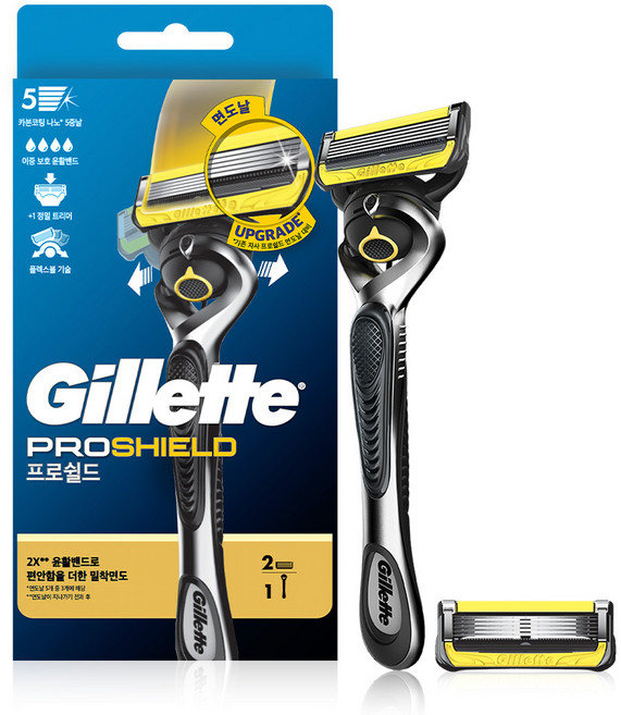 질레트 프로쉴드 옐로우 매뉴얼 면도기 핸들 + 면도날 2p 세트, 1세트