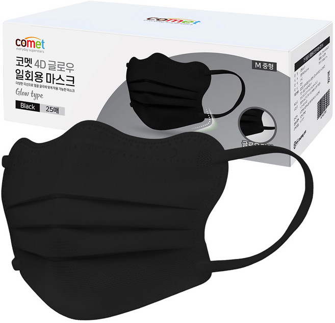 코멧 날카롭고 각진 얼굴형을 보완 해주는 4D 글로우 일회용 마스크 개별포장 중형, 1개입, 25개, 블랙
