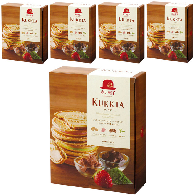 AKAI BOHSHI 紅帽子 Tivon 法蘭酥禮盒, 牛奶可可風味 (5片) + 黑可可風味 (5片) + 抹茶可可風味 (5片) + 草莓可可風味 (5片), 5盒