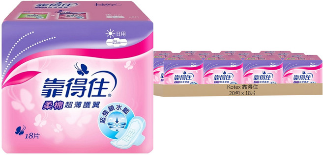 Kotex 靠得住 棉柔系列 柔棉超薄護翼衛生棉 日用, 23cm, 18片, 20包