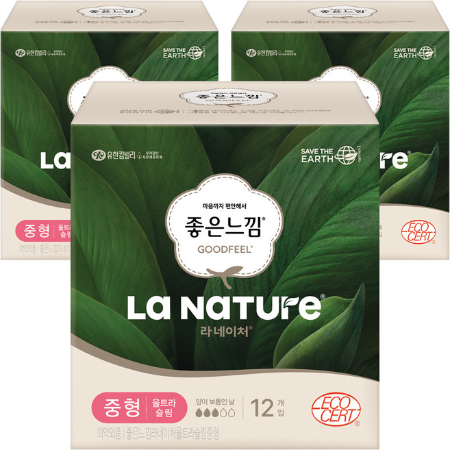 라네이처 좋은느낌 울트라슬림 생리대 날개형, 중형, 12개입, 3개