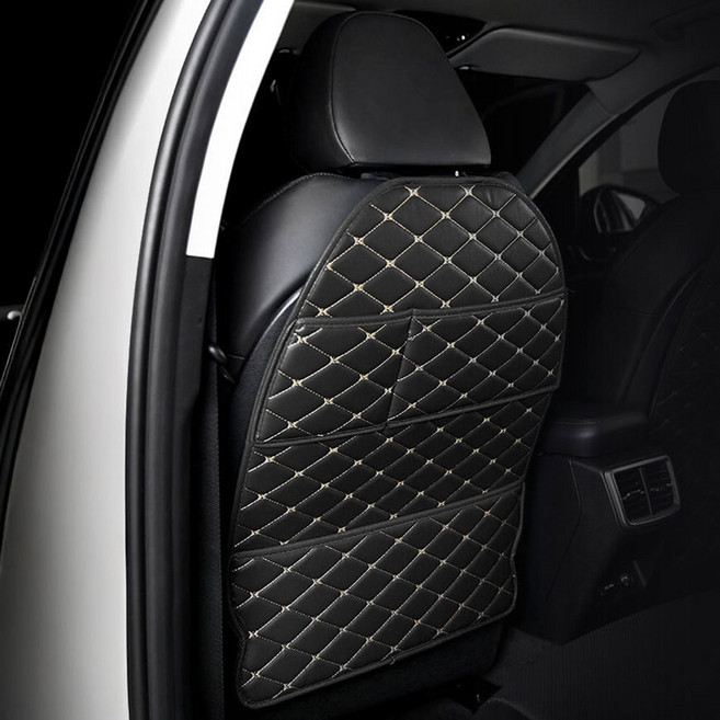 메이튼 자동차 가죽 퀄팅 킥매트 시트백 커버 투포켓, 블랙 + 아이보리, 1개