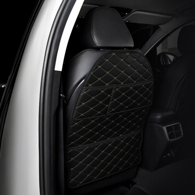 메이튼 자동차 가죽 퀄팅 킥매트 시트백 커버 투포켓, 블랙 + 블랙, 1개