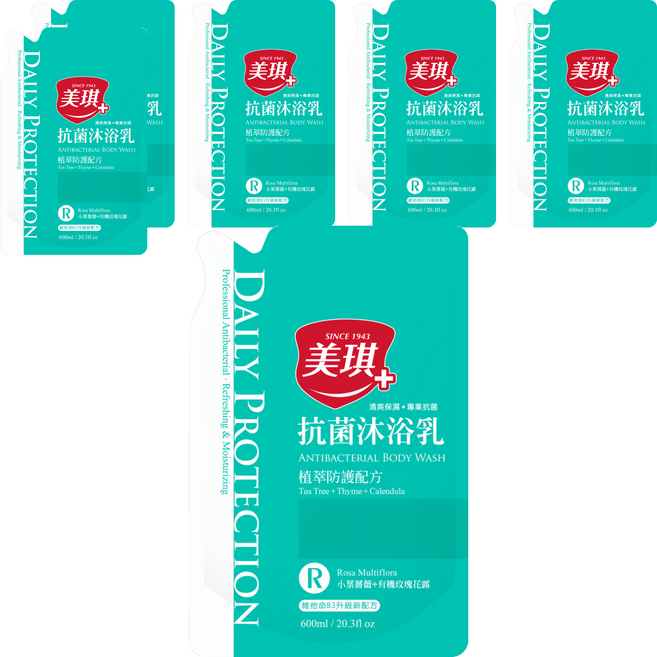 美琪 抗菌沐浴乳補充包 植物防護配方 添加茶樹、百里香和金盞菊精華 含歐洲有機玫瑰花露, 600ml, 6包