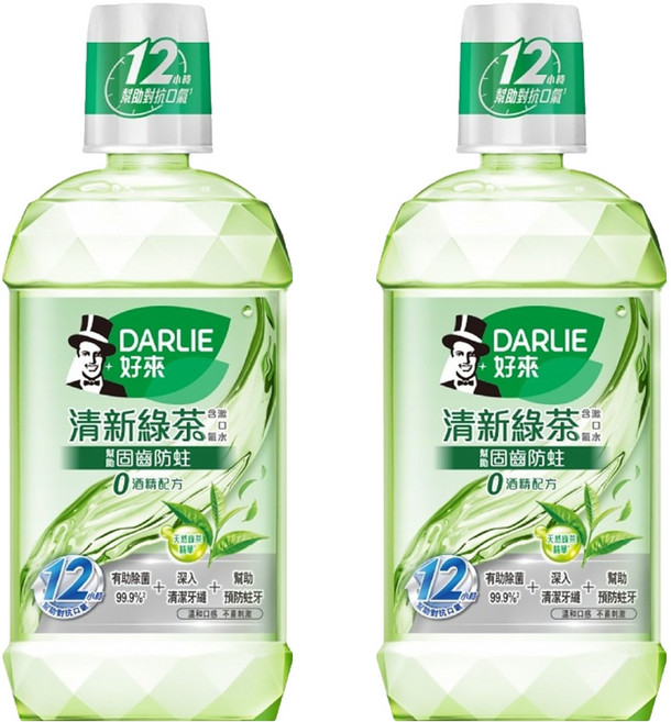 DARLIE 好來 清新綠茶漱口水 12小時持久清新 無酒精配方, 500ml, 2瓶