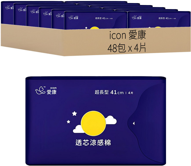 icon 愛康 透芯涼感衛生棉 超長型, 41cm, 4片, 48包