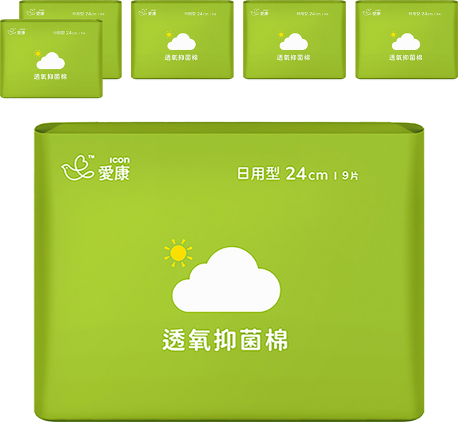 icon 愛康 透氧抑菌棉 衛生棉, 日用型(24cm), 9片, 6包