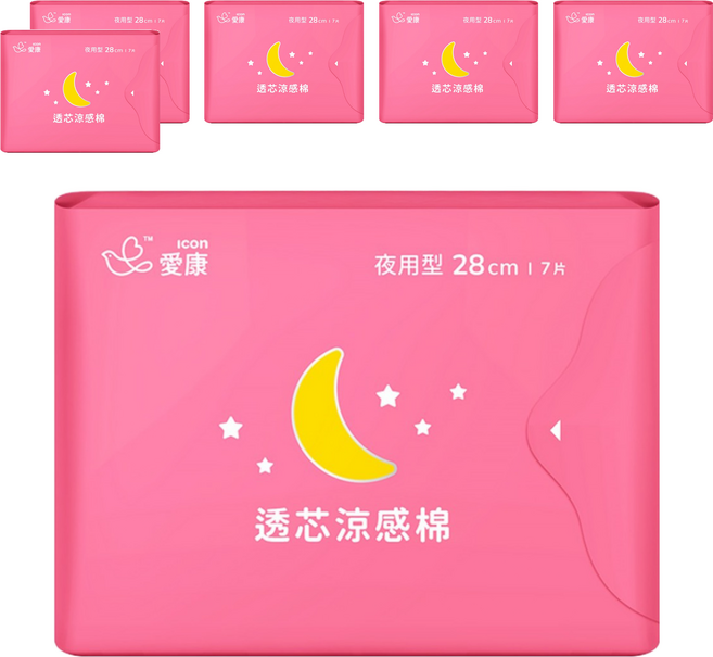 icon 愛康 透芯涼感衛生棉 護翼型, 夜用型 28cm, 7片, 6包