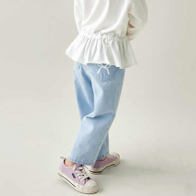 월튼키즈 아동용 리본 와이드 데님 팬츠