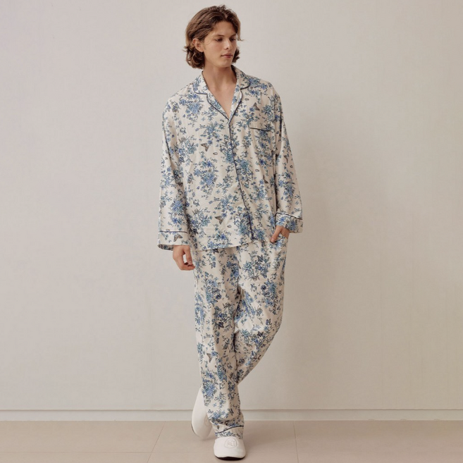 루나루즈 남성용 쟈르뎅 모달코튼 긴소매 카라 투피스 잠옷