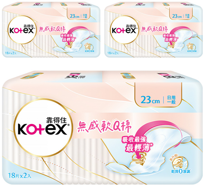 Kotex 靠得住 無感軟Q棉衛生棉 日用 護翼型, 23cm, 36片, 3組
