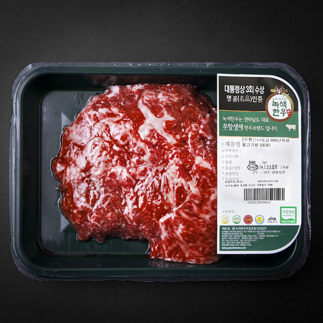 녹색한우 무항생제인증 1++등급 BMS 7 이상 불고기용 (냉장), 300g, 1개