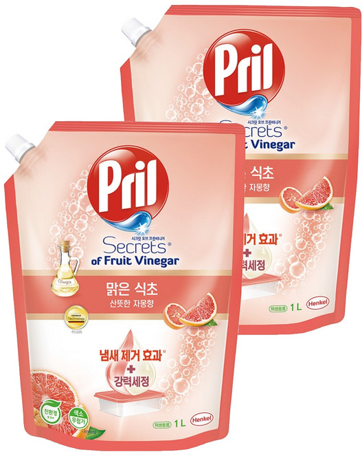 헨켈 프릴 시크릿 오브 맑은식초 주방세제 산뜻한 자몽향 파우치, 1L, 2개