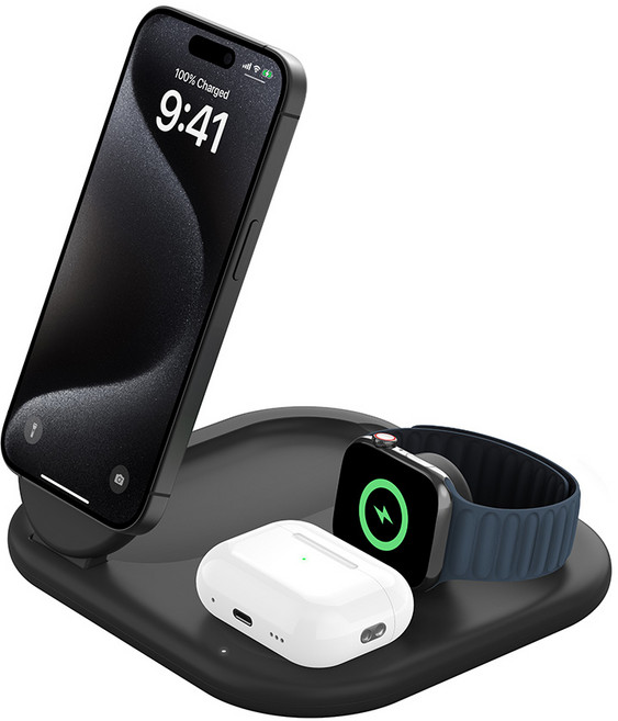 벨킨 부스트 차지 Qi2 15W 3in1 마그네틱 폴더블 고속 무선 충전기 WIZ029krBK, 블랙, 1개