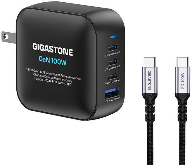 GIGASTONE 立達 GaN 氮化鎵 USB-C 100W 四孔快充充電器組 GS-PD-7100B + CC-7800-R, 黑色, 1個