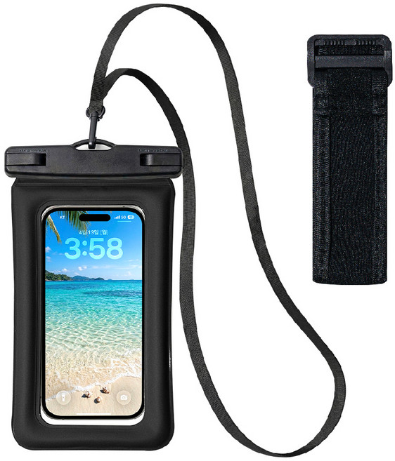 구스페리 프리미엄 4중잠금 튜브 휴대폰 방수팩 + 목스트랩 + 암밴드, 블랙, 1개
