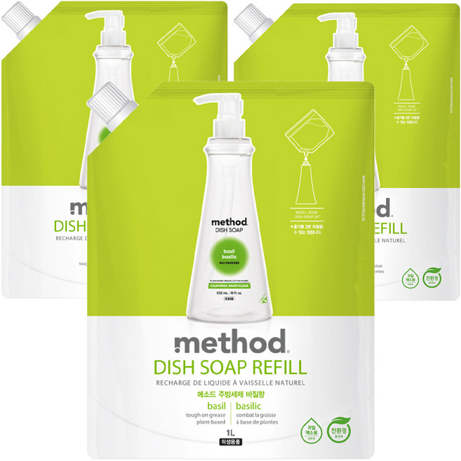 메소드 스마트 클린 주방세제 바질향 리필, 3개, 1L